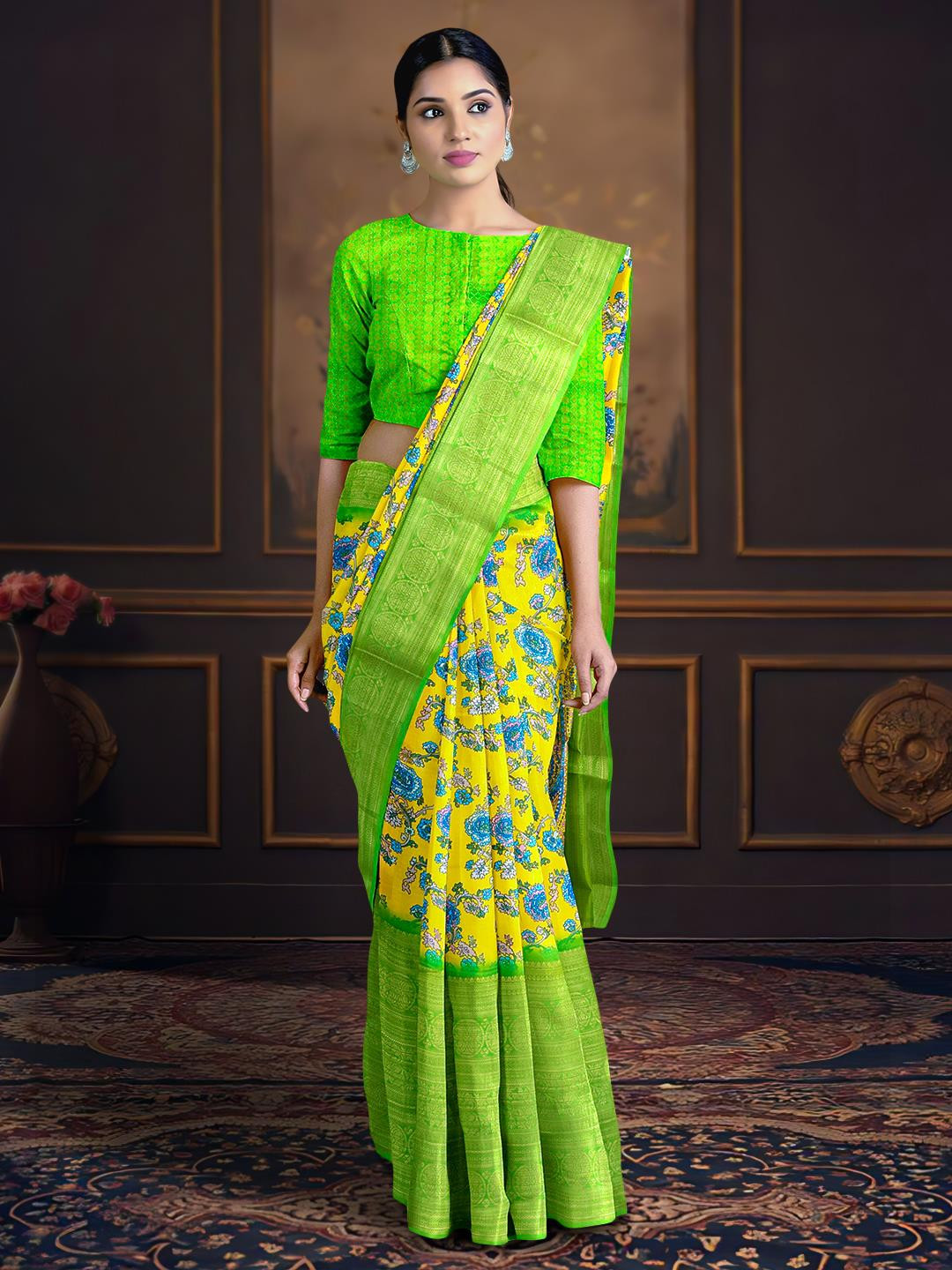 

Kalamandir Floral Printed Zari Saree, Yellow