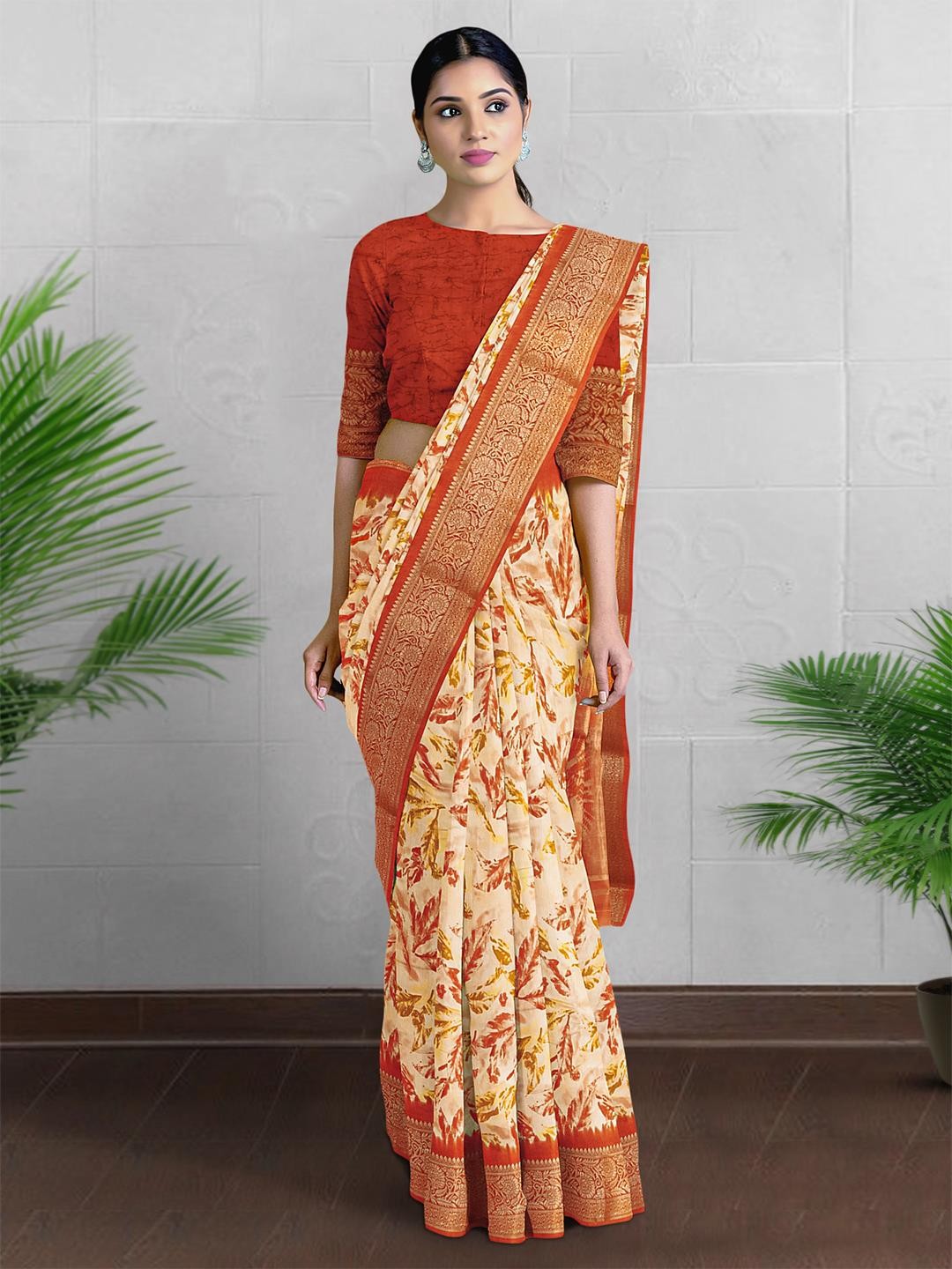 

Kalamandir Floral Printed Zari Pure Cotton Saree, Orange