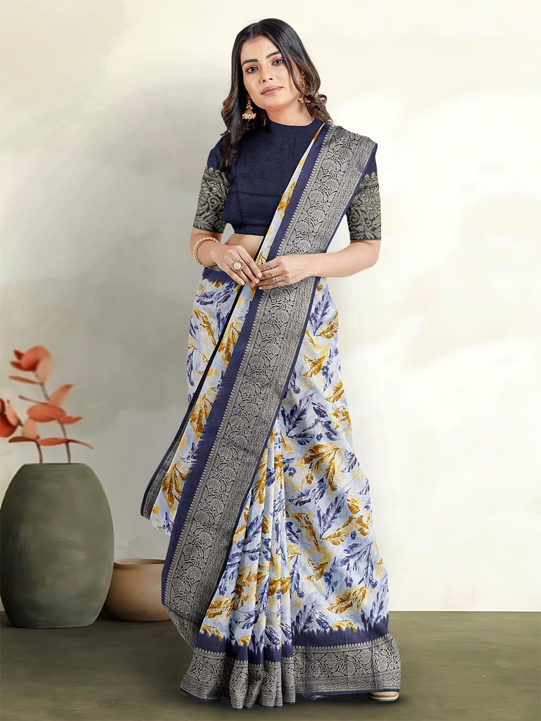 

Kalamandir Floral Printed Zari Pure Cotton Saree, Blue