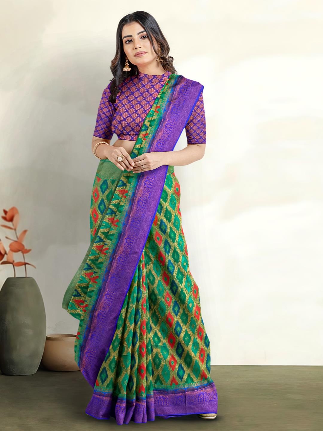 

Kalamandir Woven Design Zari Silk Blend Banarasi Saree, Green
