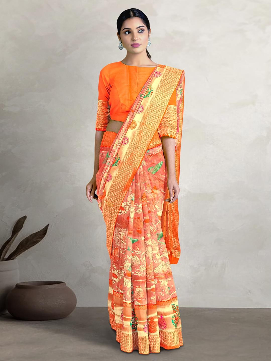 

Kalamandir Floral Printed Zari Silk Blend Banarasi Saree, Pink