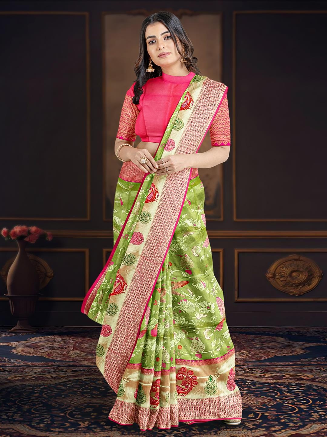 

Kalamandir Woven Design Zari Silk Blend Banarasi Saree, Green