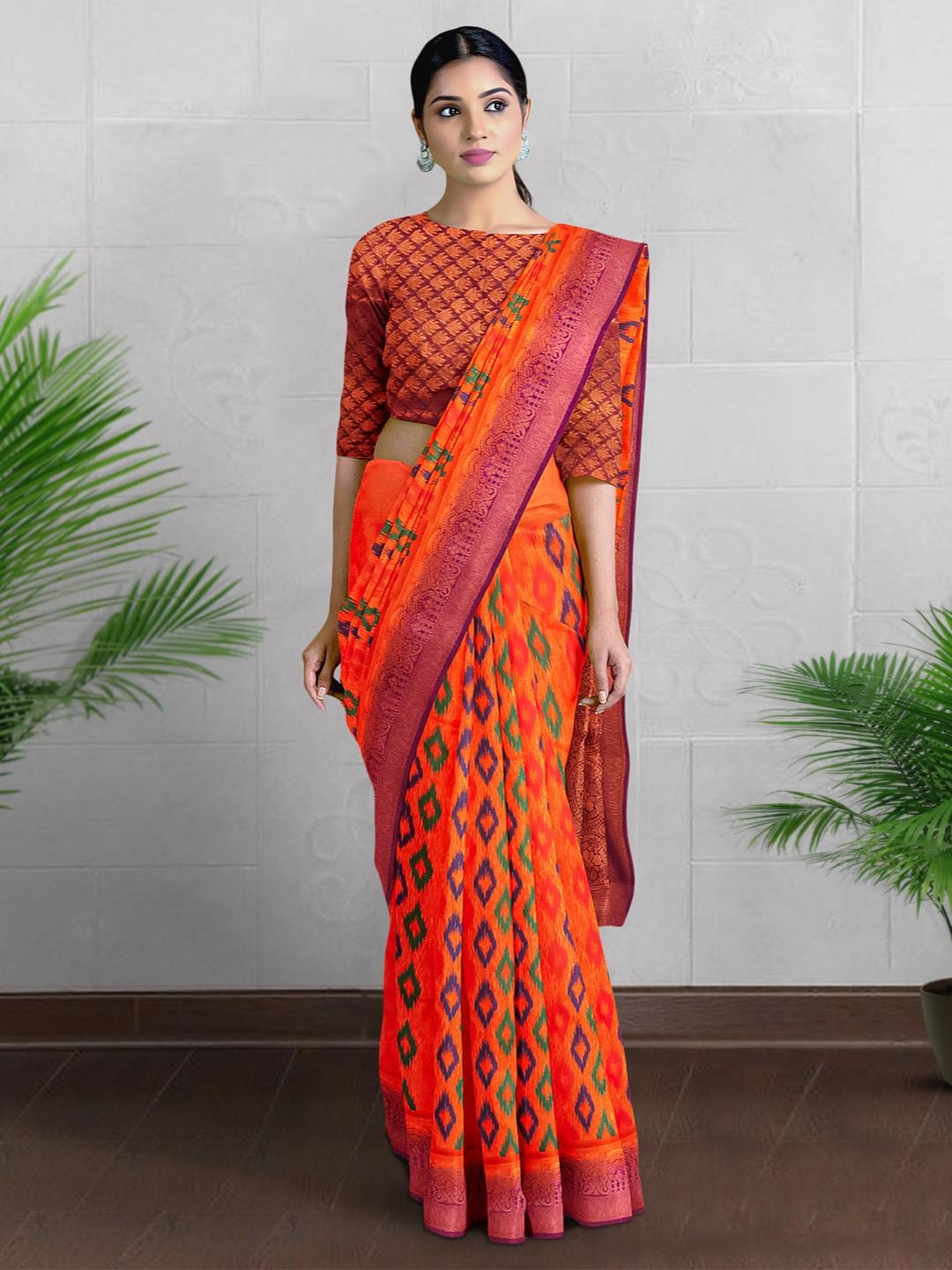 

Kalamandir Ethnic Motifs Zari Silk Blend Banarasi Saree, Orange