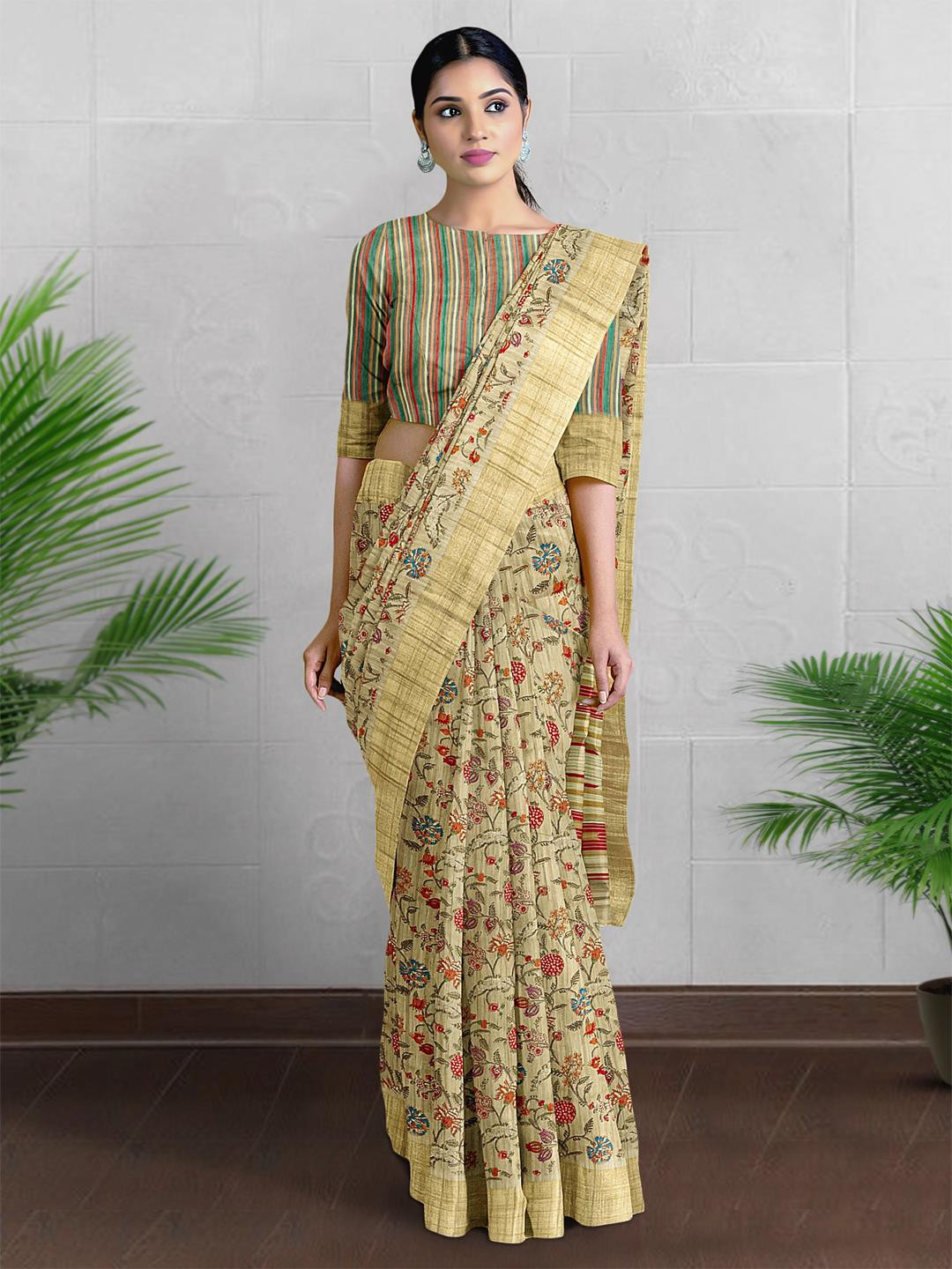 

Kalamandir Floral Silk Blend Saree, Cream