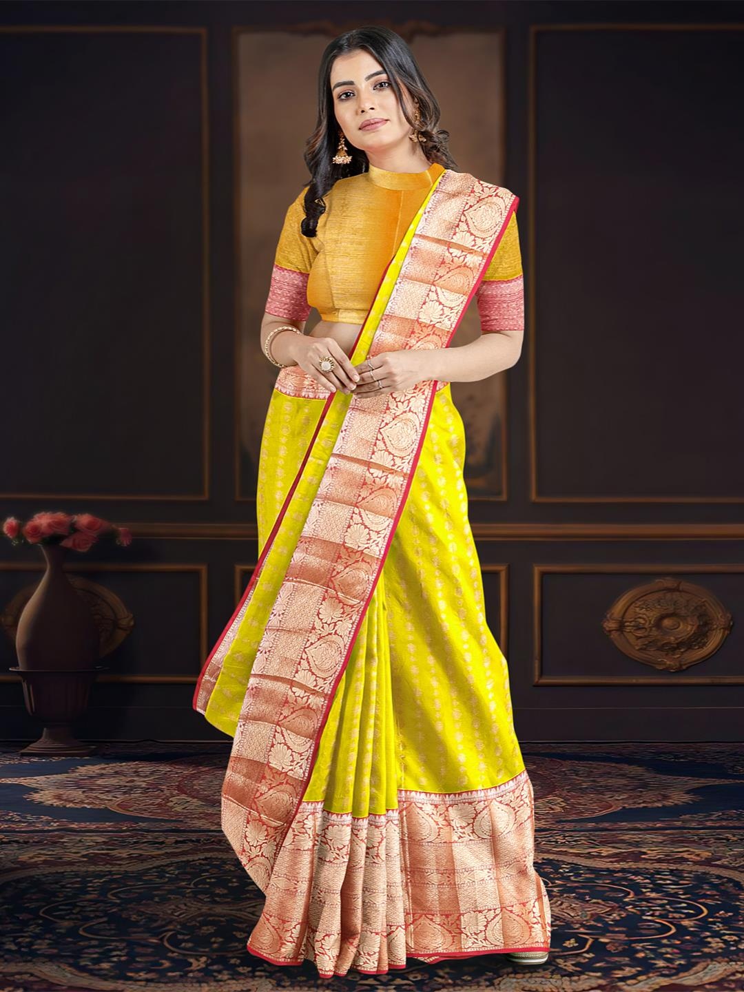

Kalamandir Ethnic Motifs Woven Design Zari Banarasi Saree, Yellow