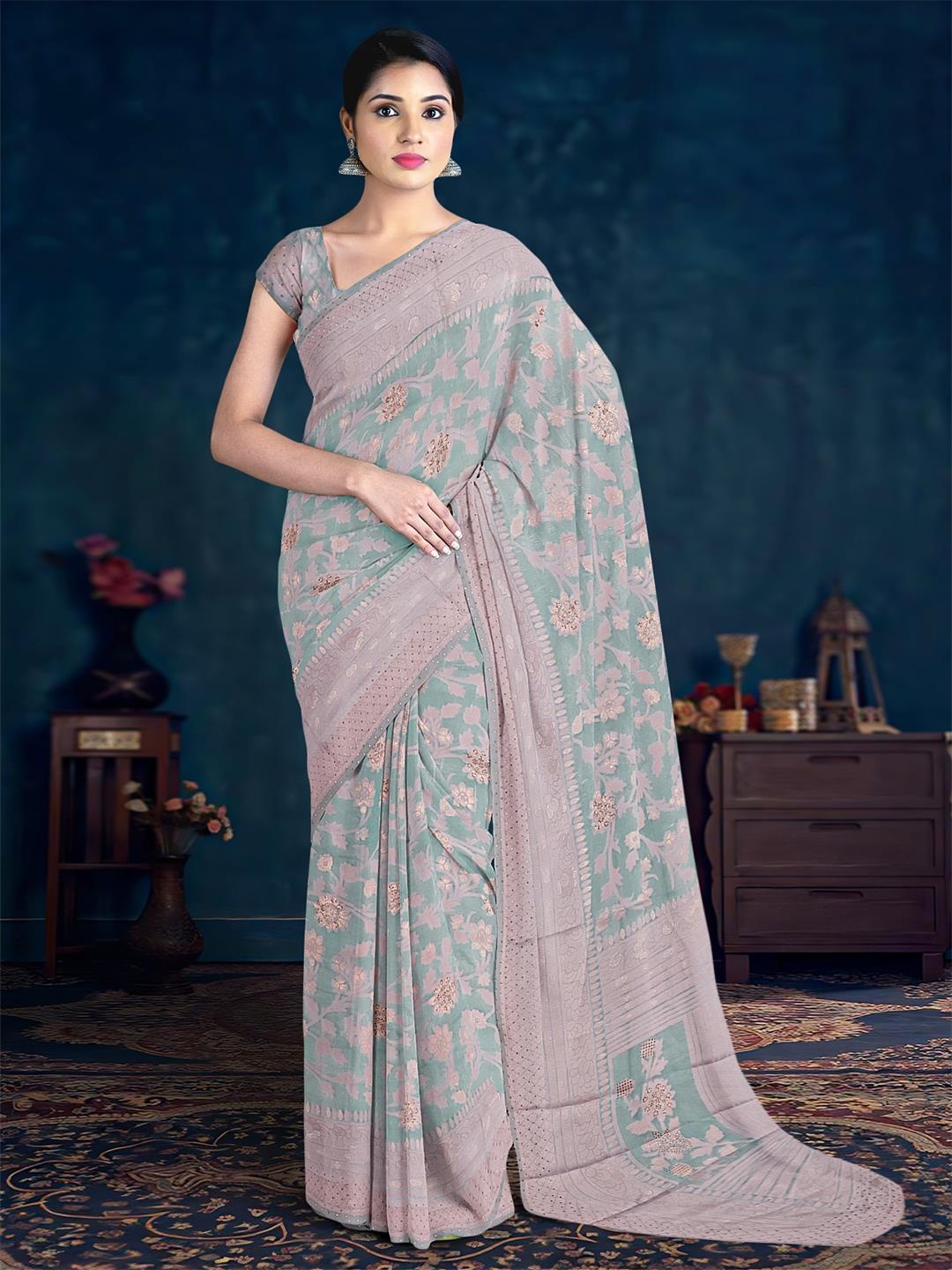 

Kalamandir Floral Printed Beads and Stones Embellished Net Saree, Grey
