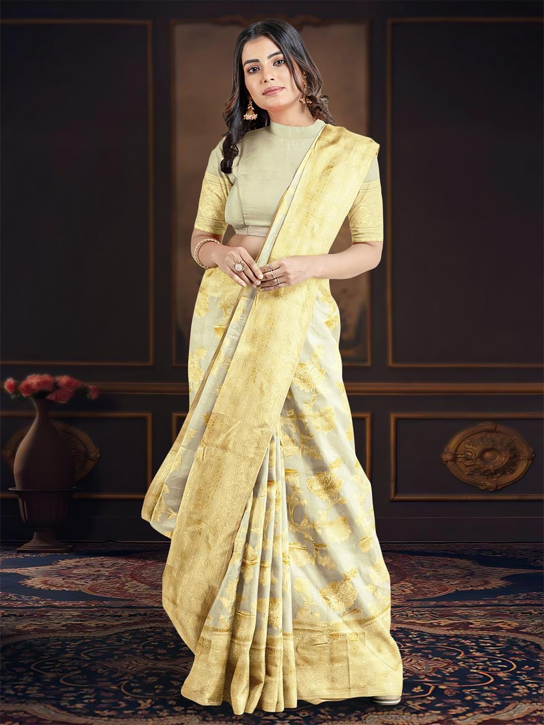 

Kalamandir Ethnic Motifs Woven Design Zari Saree, White