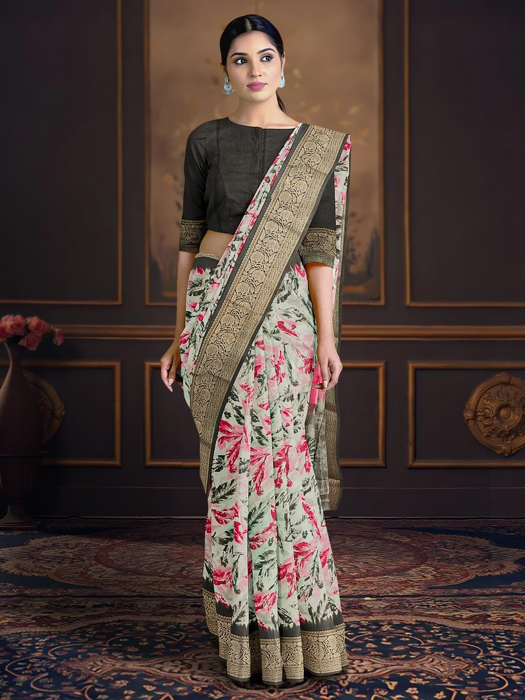 

Kalamandir Leaf Printed Pure Cotton Saree, Grey