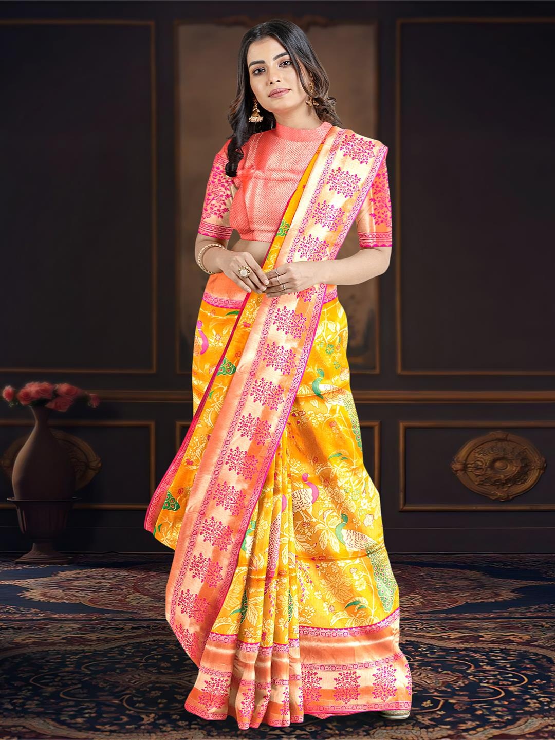 

Kalamandir Ethnic Motif Woven Design Zari Banarasi Saree, Yellow