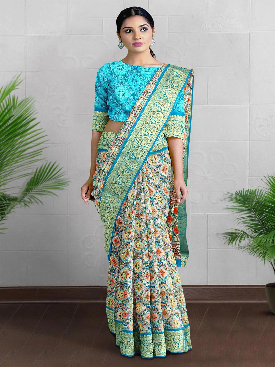

Kalamandir Floral Printed Zari Saree, Green