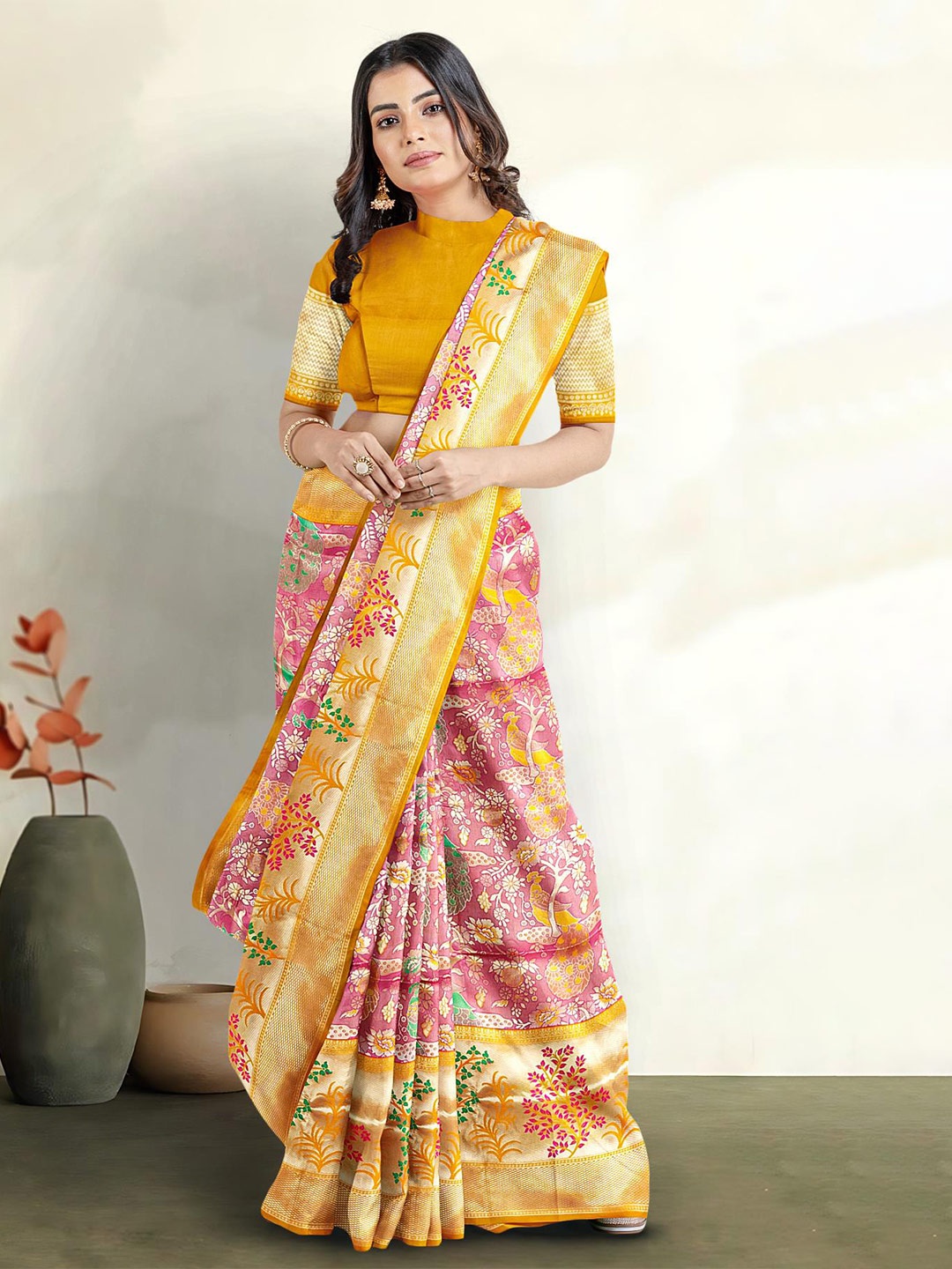 

Kalamandir Floral Woven Design Zari Banarasi Saree, Pink