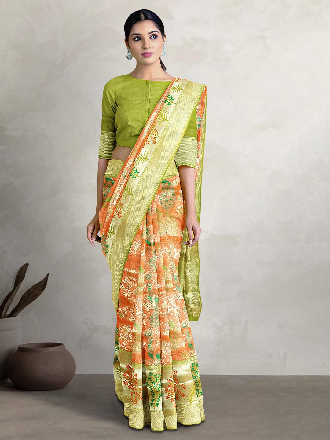 

Kalamandir Floral Woven Design Zari Banarasi Saree, Orange