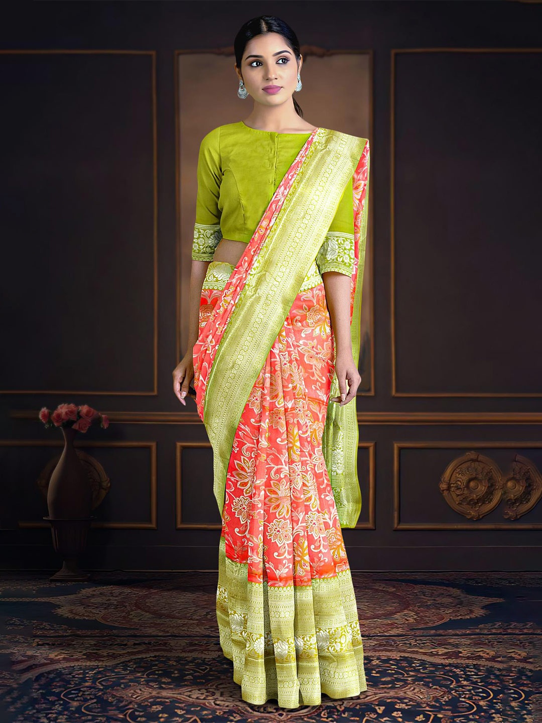 

Kalamandir Floral Woven Design Zari Banarasi Saree, Coral