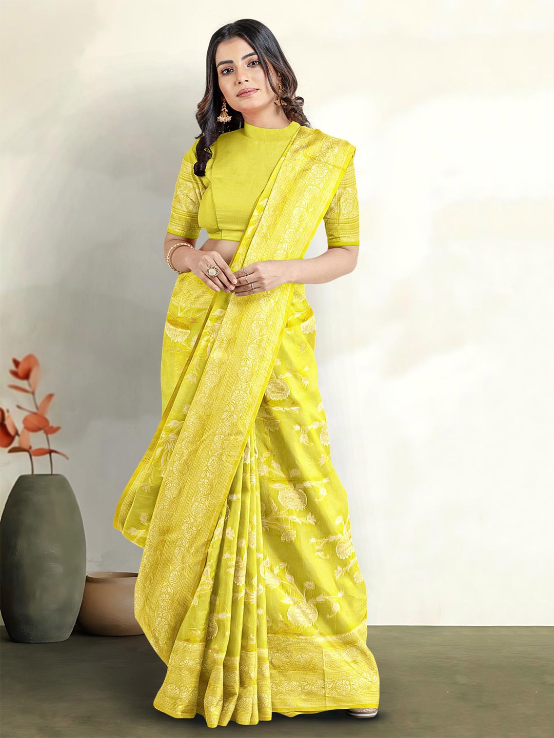 

Kalamandir Floral Woven Design Zari Saree, Yellow