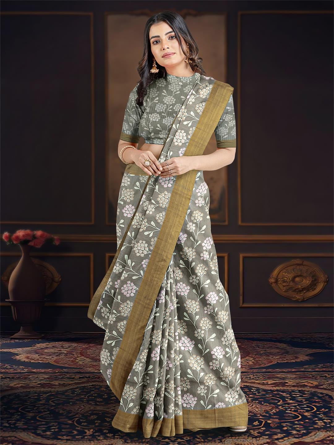 

Kalamandir Floral Printed Zari Saree, Grey
