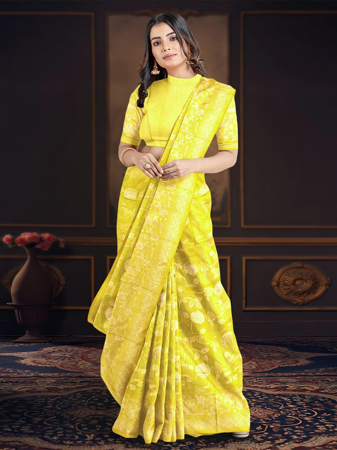 

Kalamandir Floral Woven Design Zari Saree, Yellow