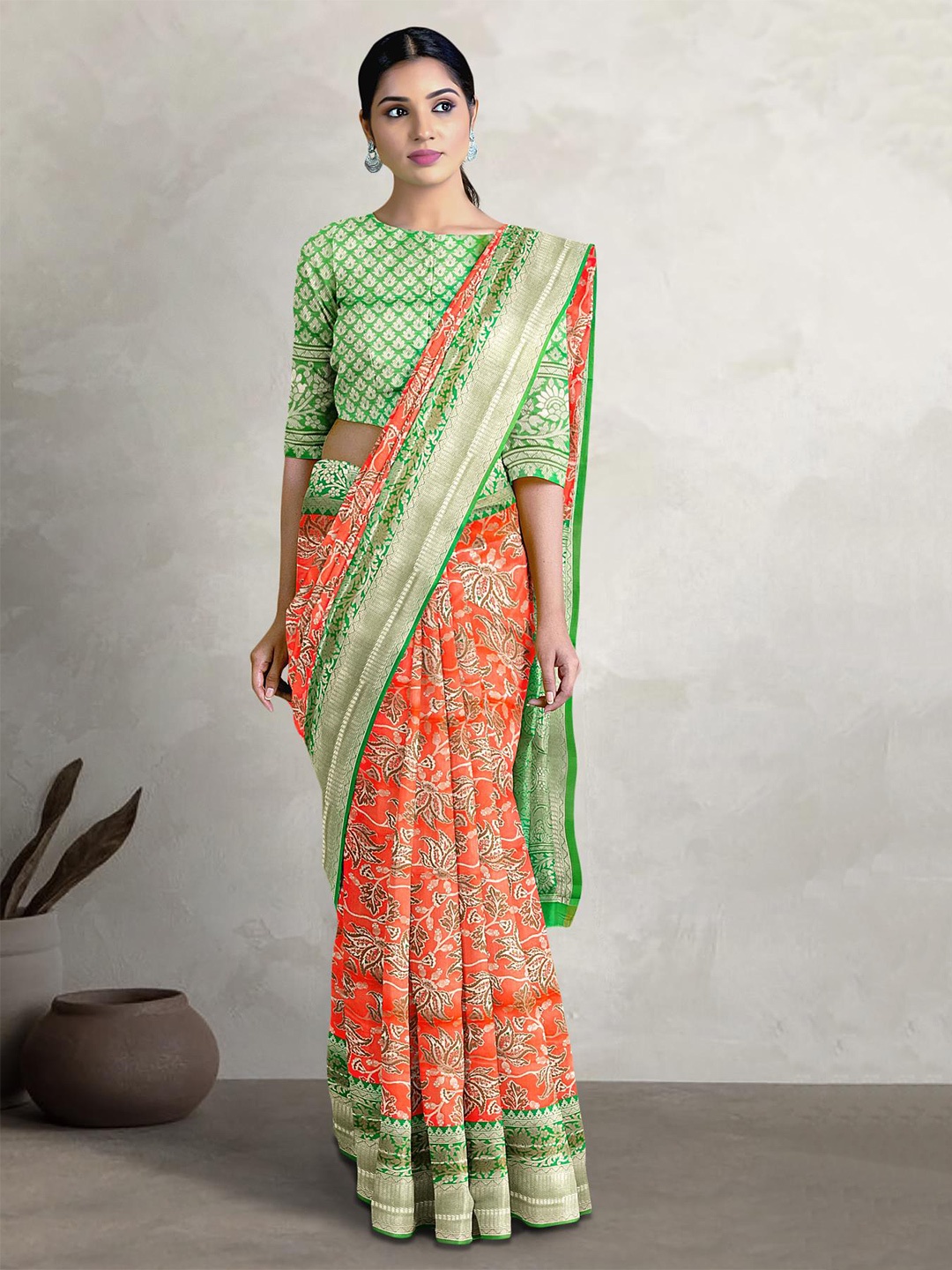

Kalamandir Floral Printed Zari Banarasi Saree, Coral
