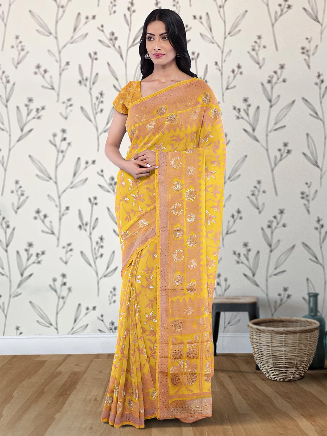 

Kalamandir Floral Printed Stone Work Saree, Yellow
