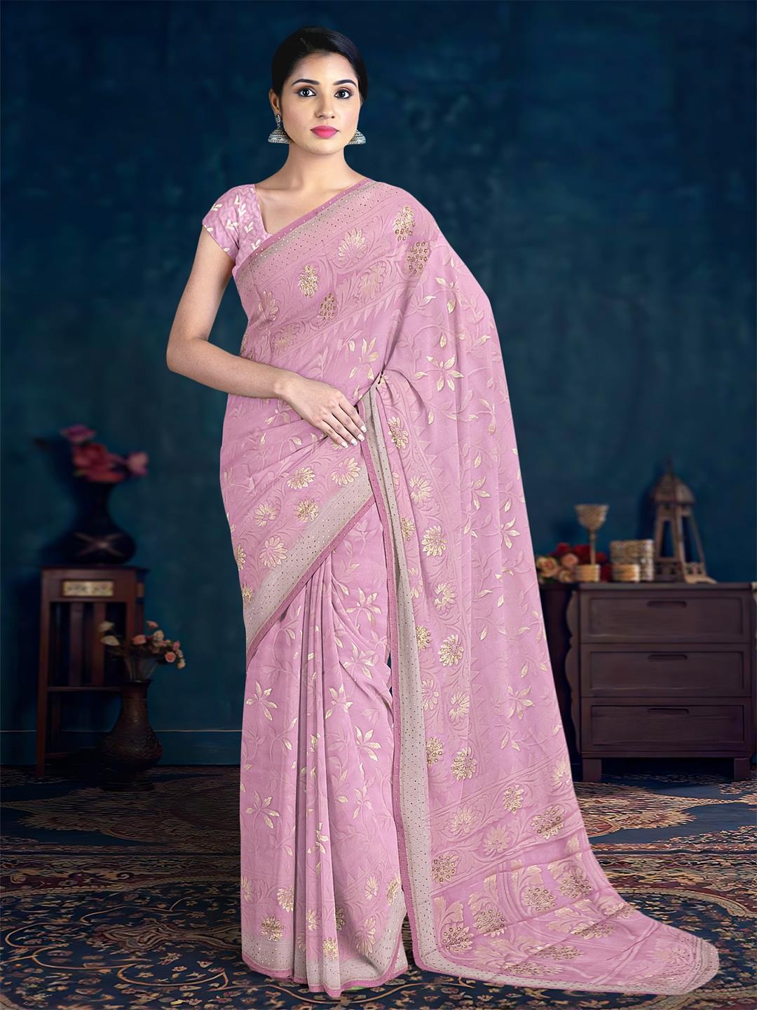 

Kalamandir Floral Printed Stone Work Saree, Pink