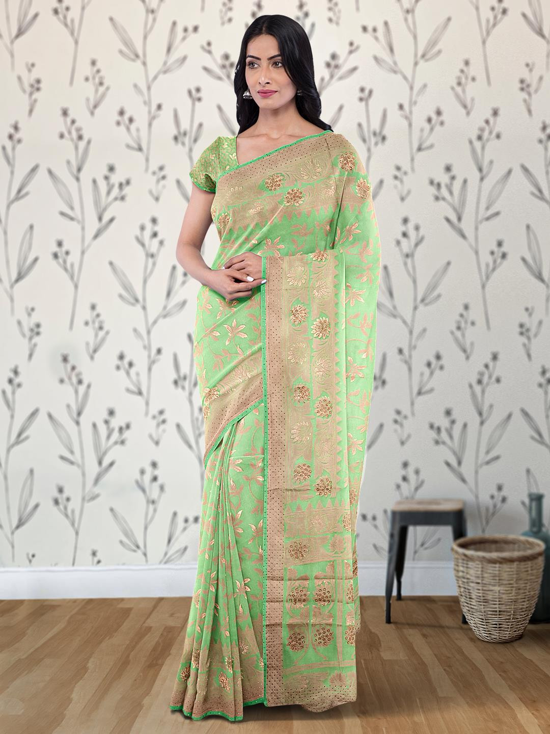 

Kalamandir Floral Printed Stone Work Saree, Sea green