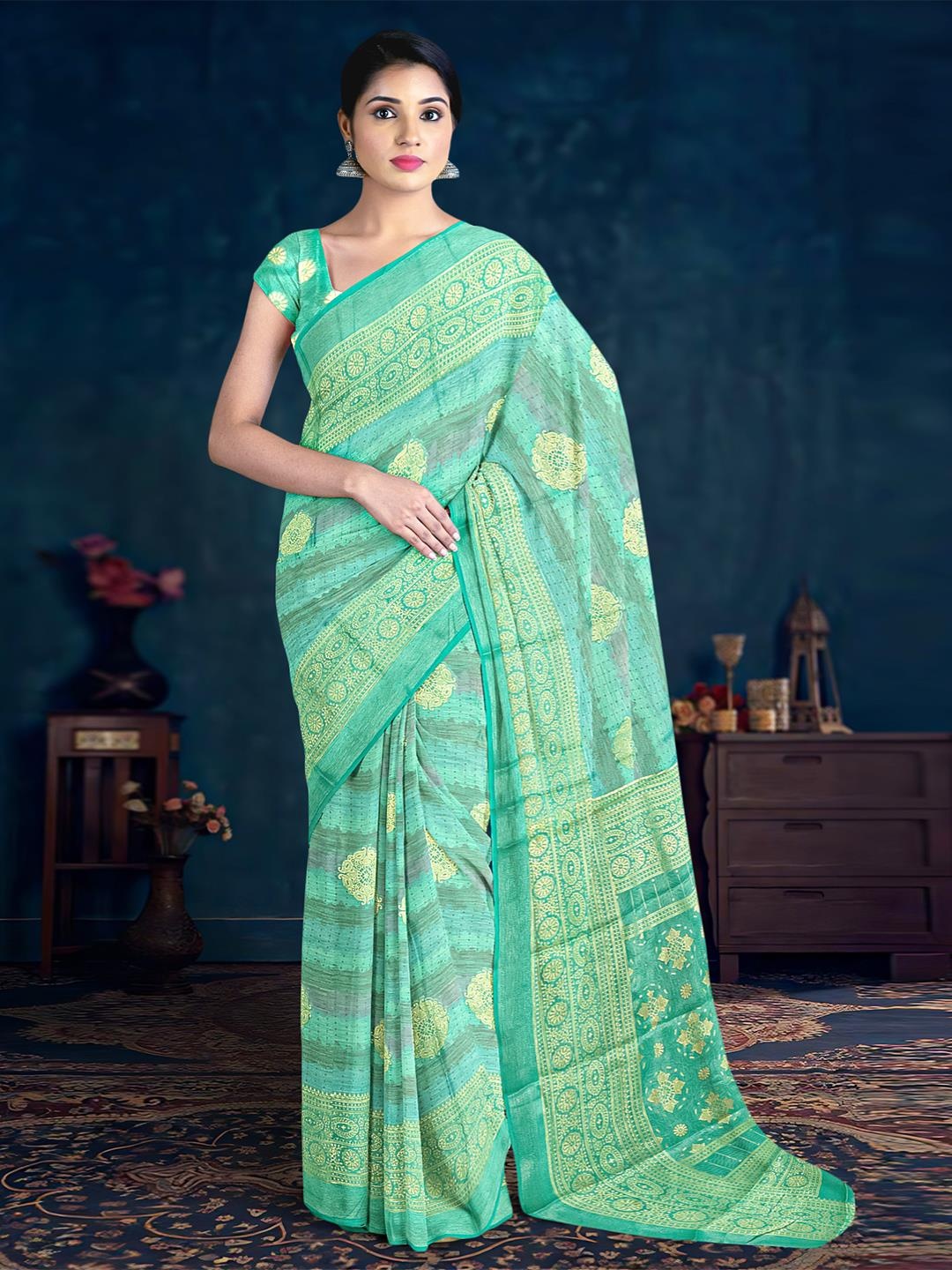 

Kalamandir Ethnic Motif Printed Zari Saree, Sea green