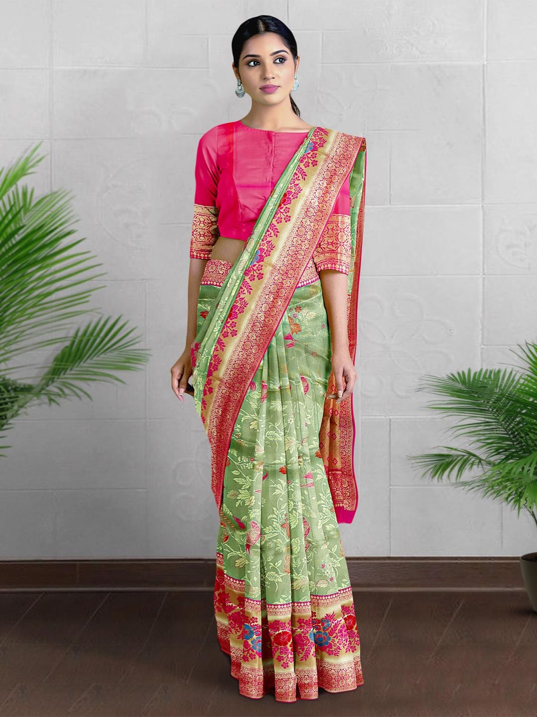 

Kalamandir Ethnic Motif Printed Zari Banarasi Saree, Green