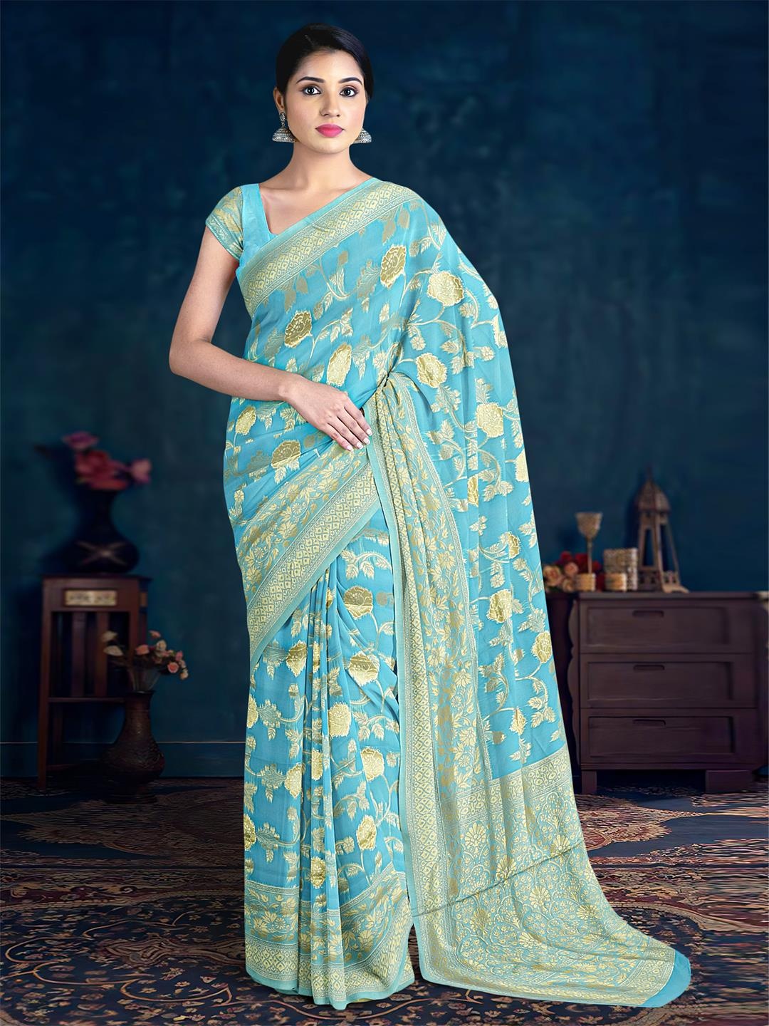 

Kalamandir Floral Woven Design Zari Saree, Blue