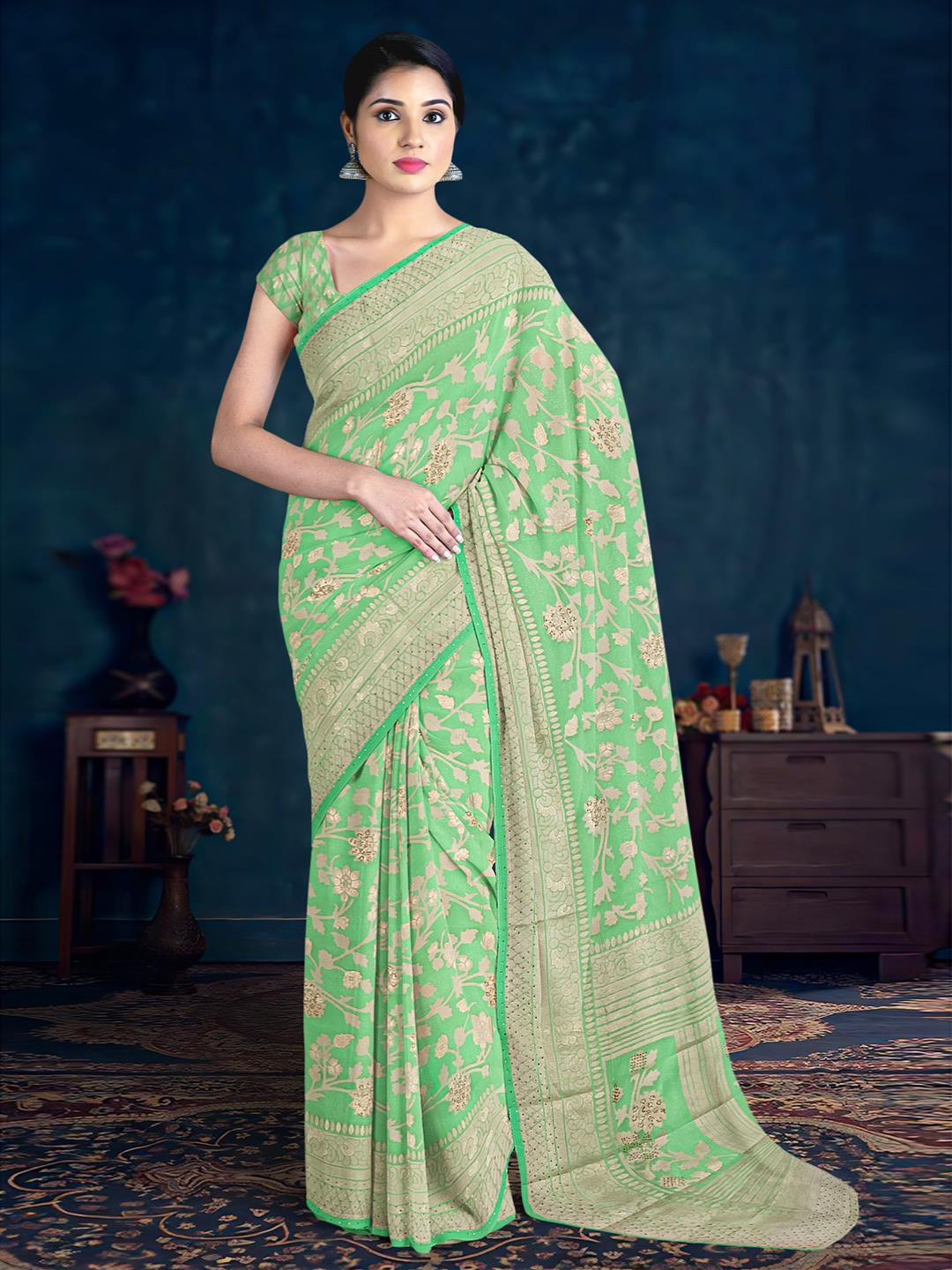 

Kalamandir Floral Printed Stone Work Net Saree, Sea green