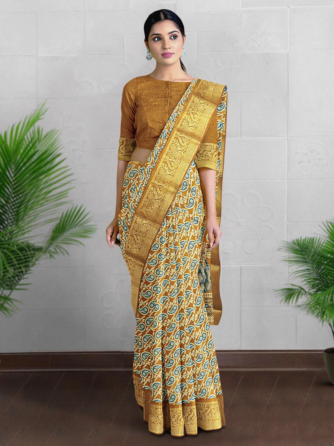 

Kalamandir Paisley Printed Zari Saree, Cream