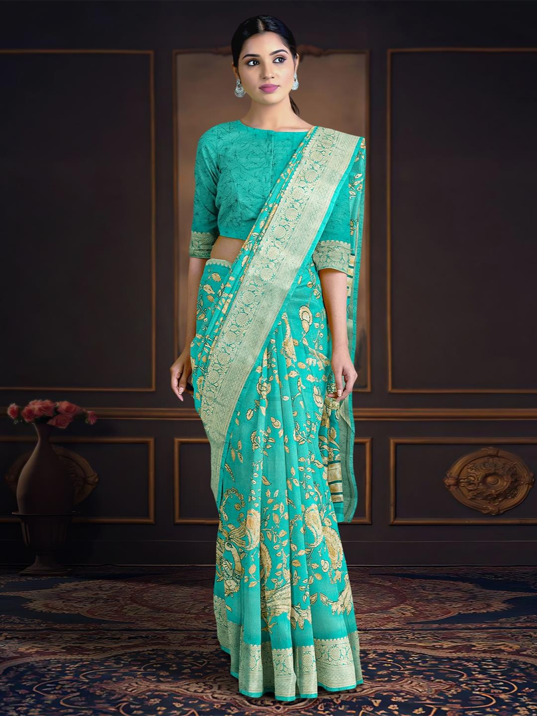 

Kalamandir Paisley Printed Zari Saree, Turquoise blue