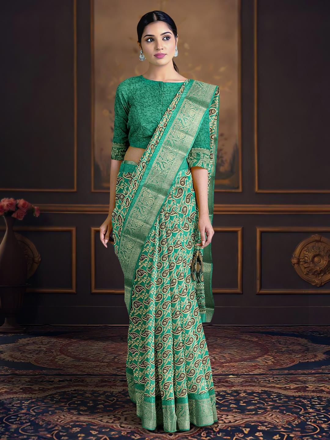 

Kalamandir Paisley Printed Zari Saree, Green