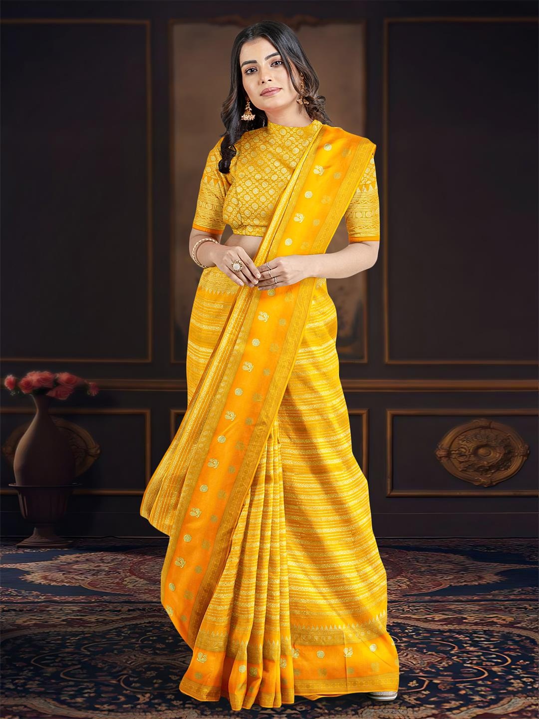 

Kalamandir Striped Woven Design Zari Banarasi Saree, Mustard