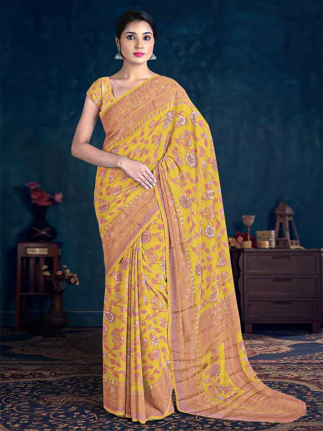 

Kalamandir Floral Printed Saree, Yellow