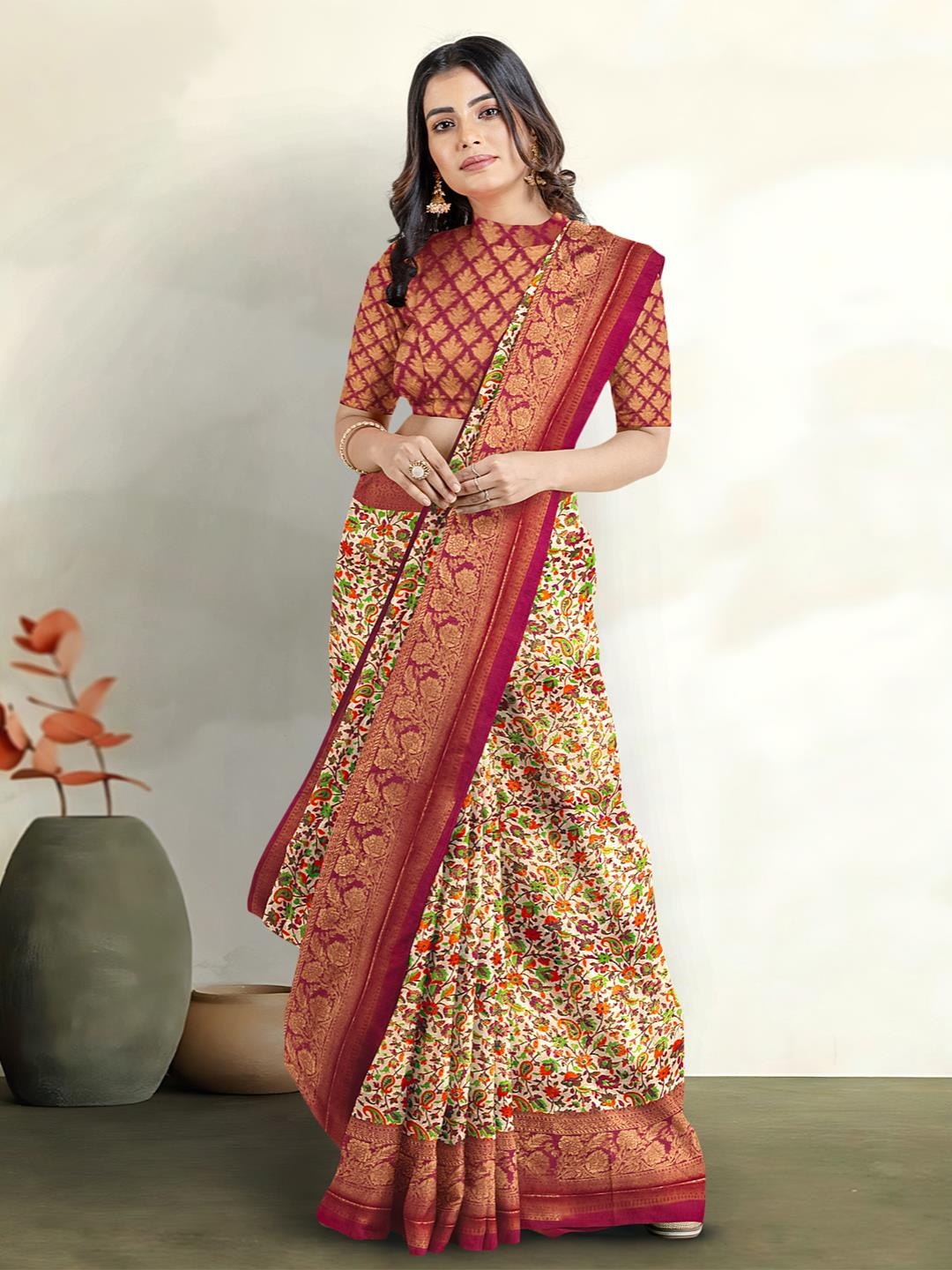 

Kalamandir Paisley Printed Banarasi Saree, Peach