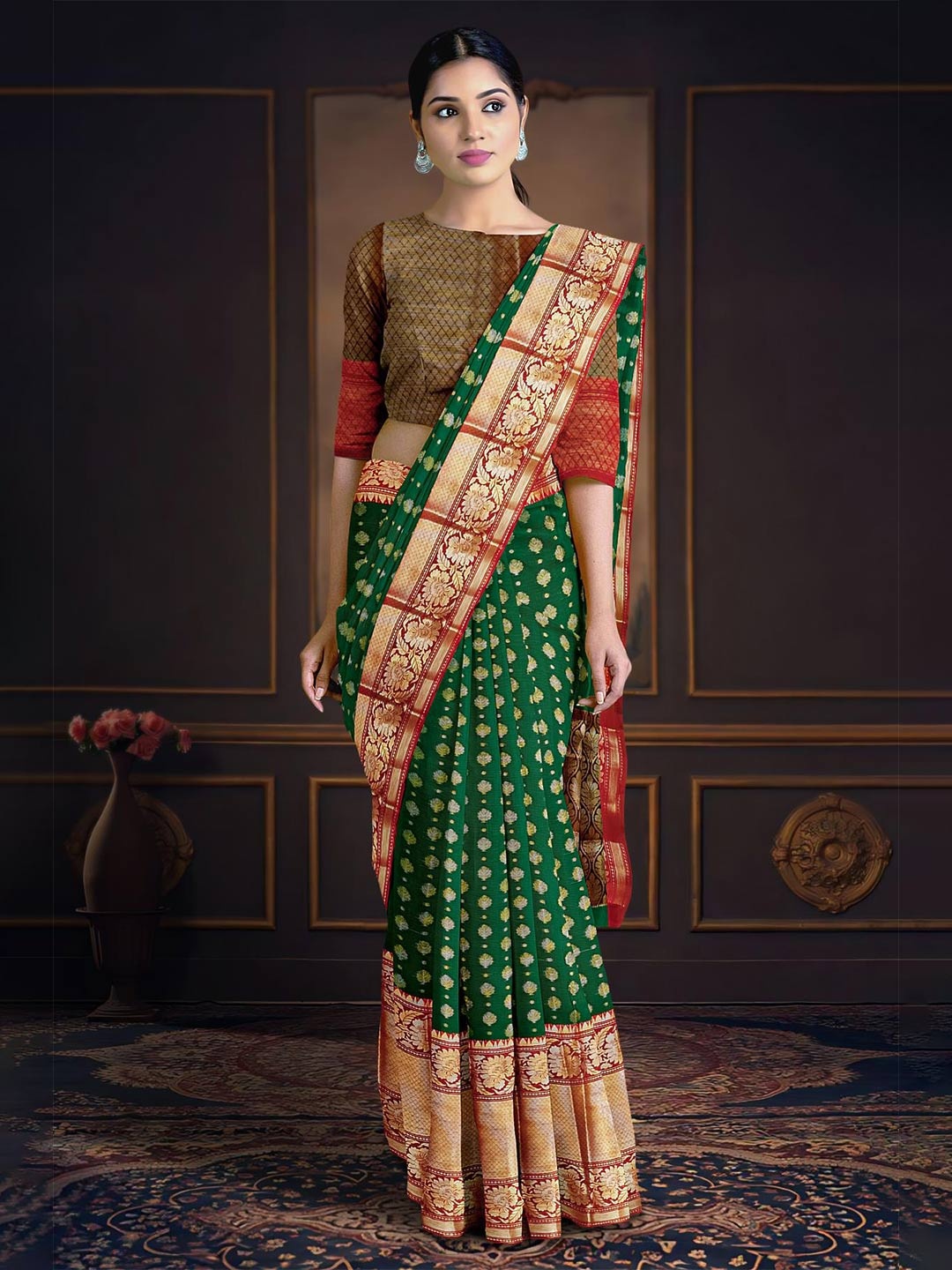 

Kalamandir Ethnic Motifs Printed Banarasi Saree, Green