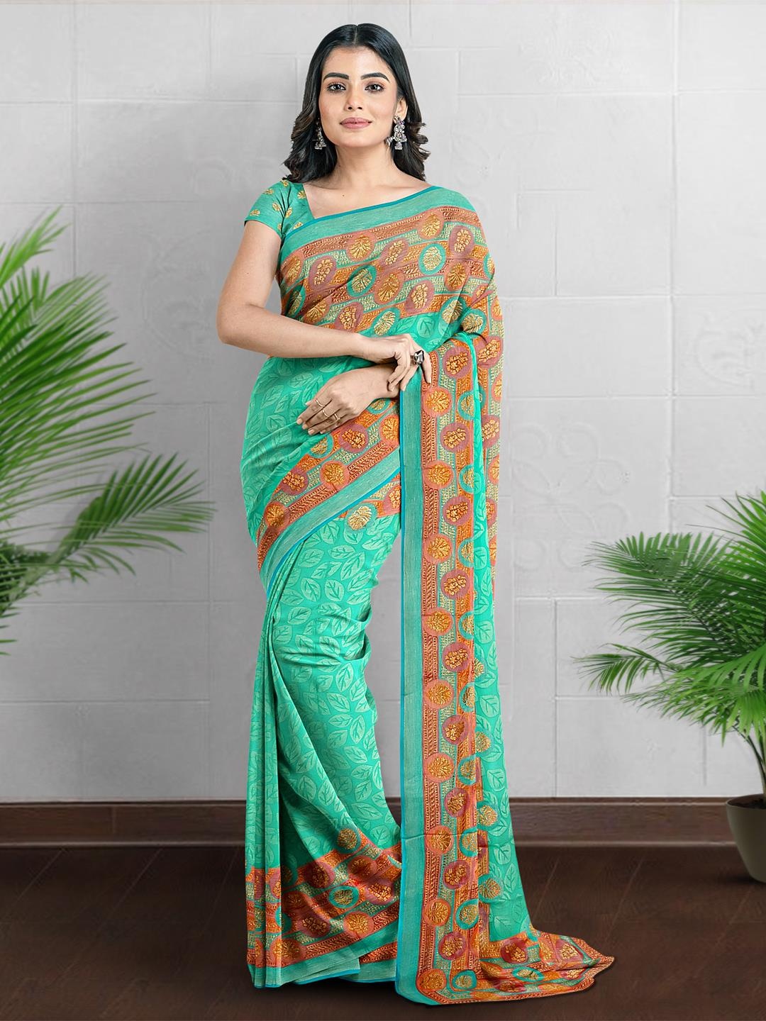

Kalamandir Floral Printed Saree, Turquoise blue