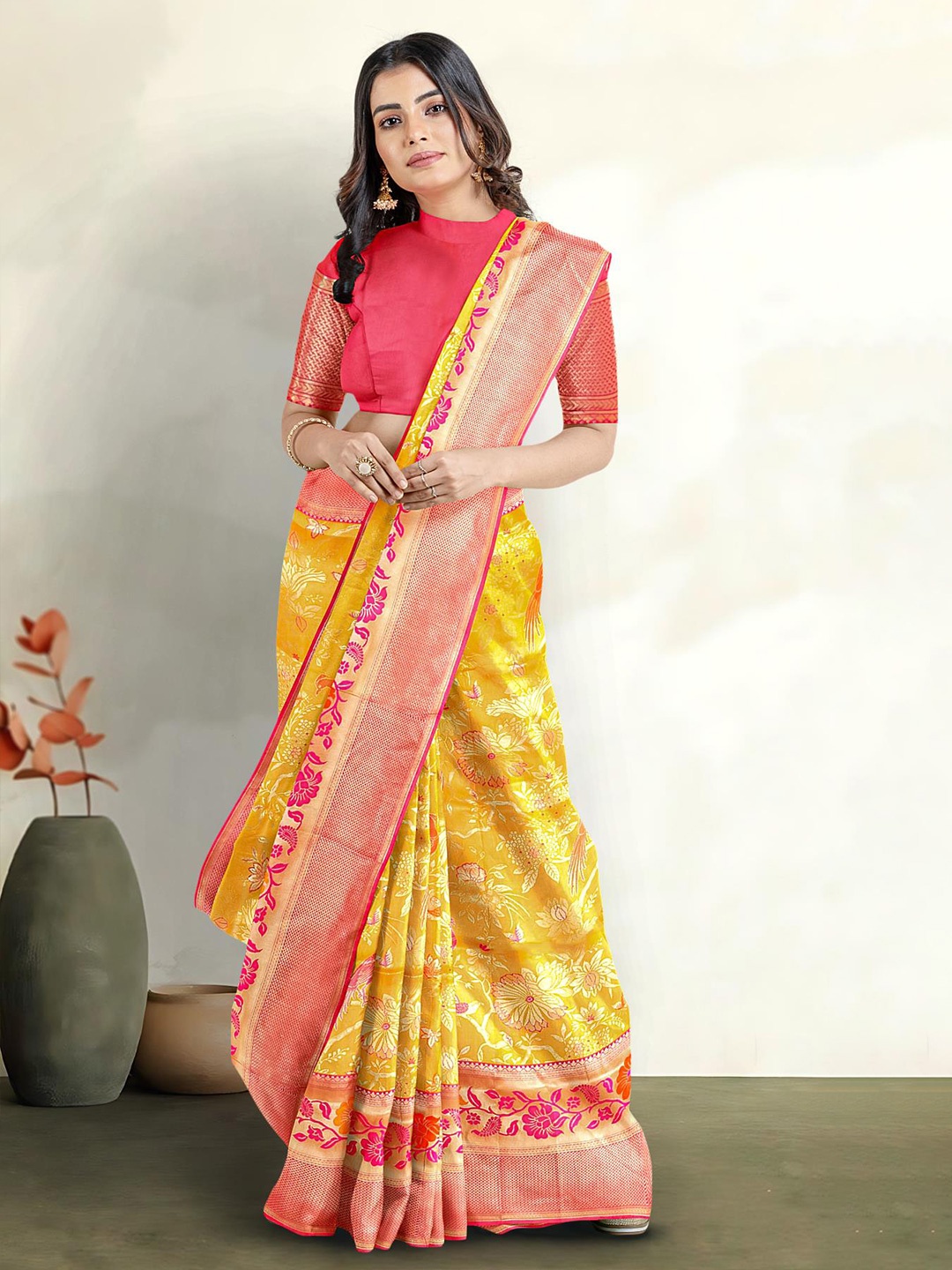 

Kalamandir Floral Motif Woven Design Zari Banarasi Saree, Yellow