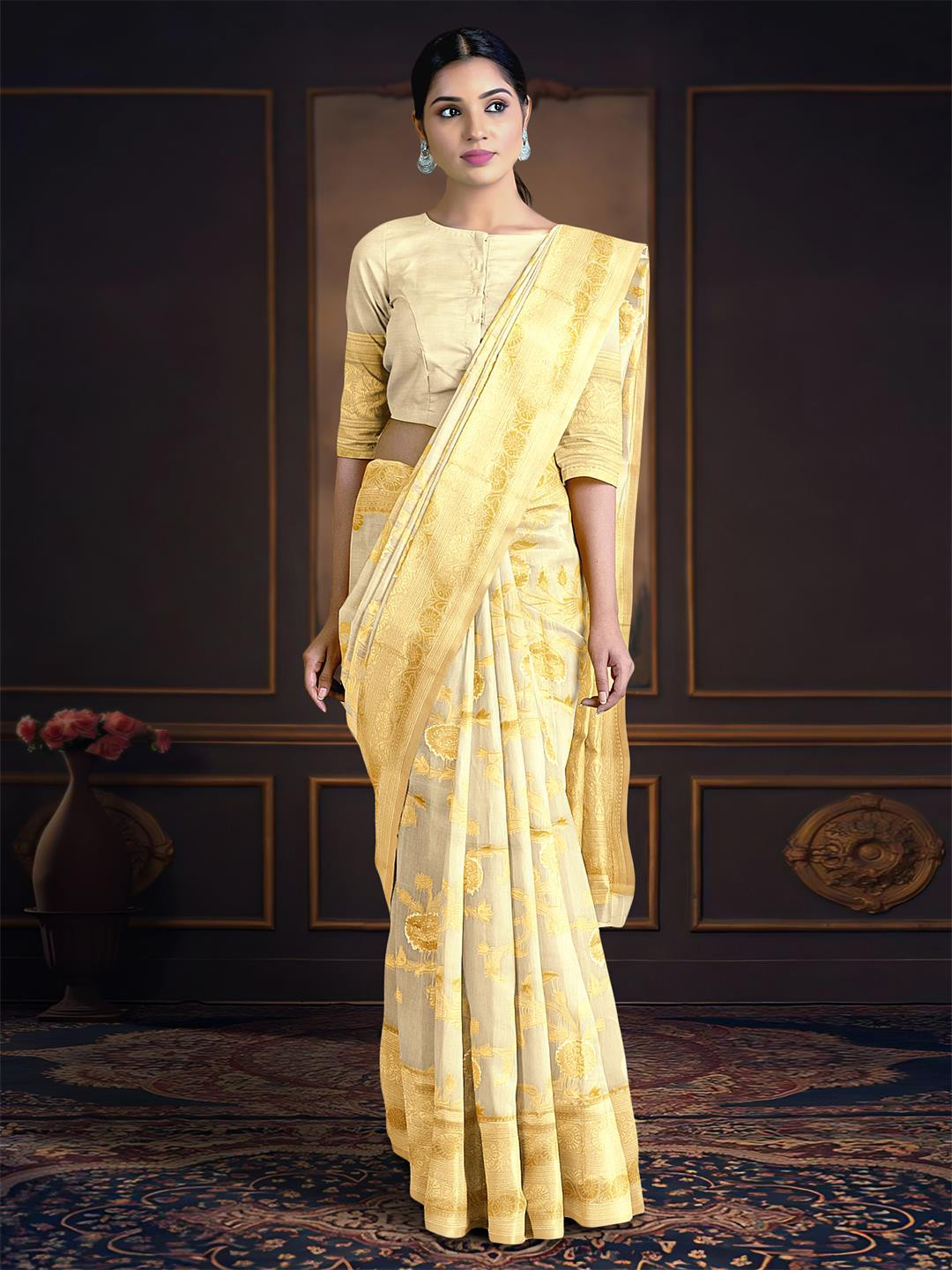 

Kalamandir Floral Motif Woven Design Zari Saree, White