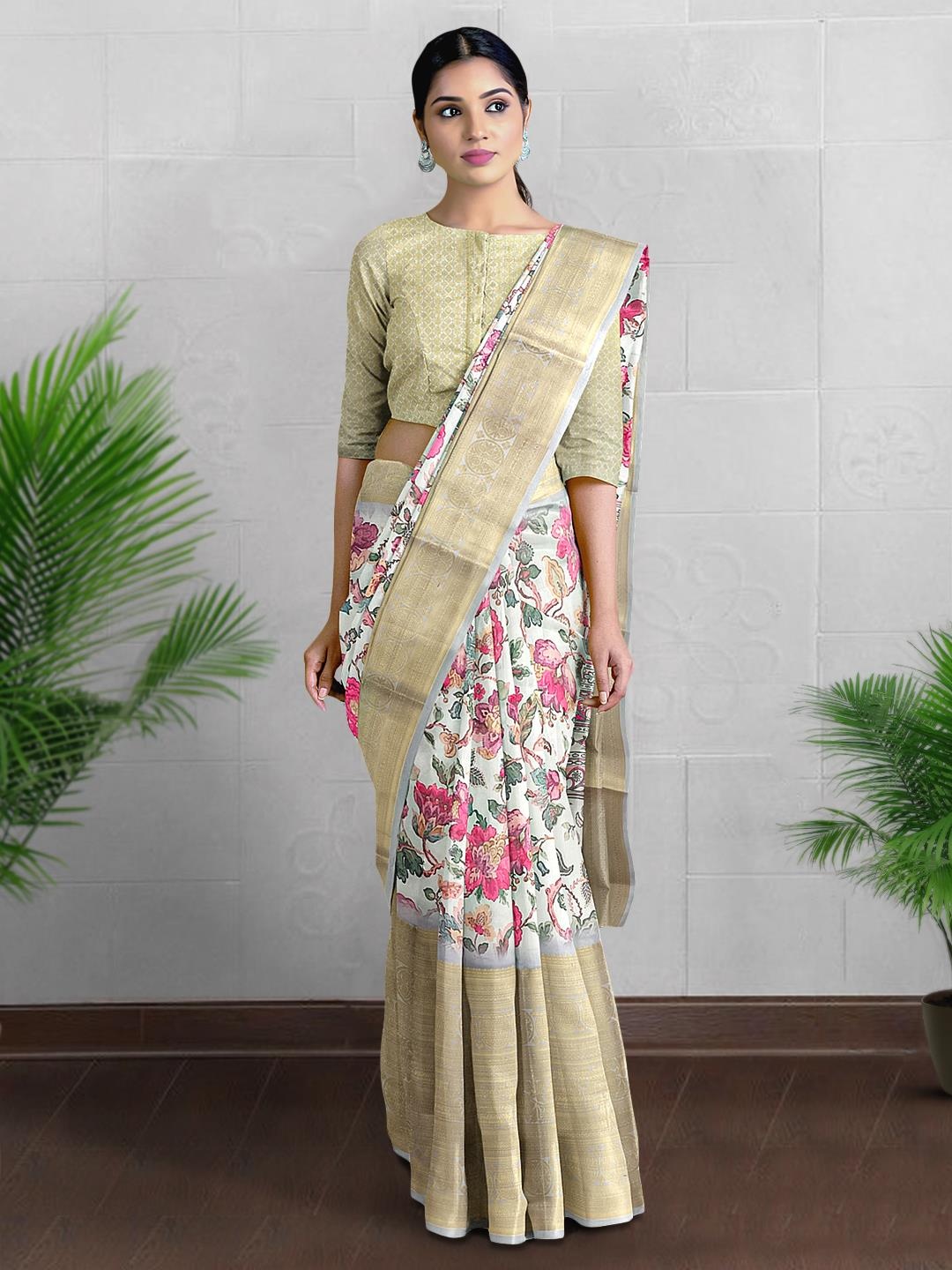 

Kalamandir Floral Printed Zari Saree, Off white