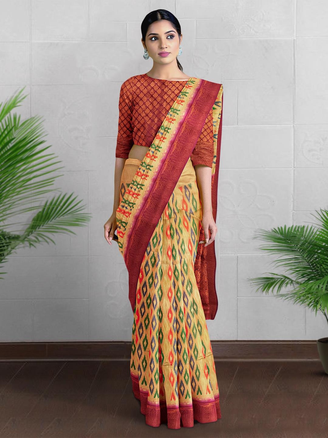 

Kalamandir Ethnic Motif Printed Zari Banarasi Saree, Cream