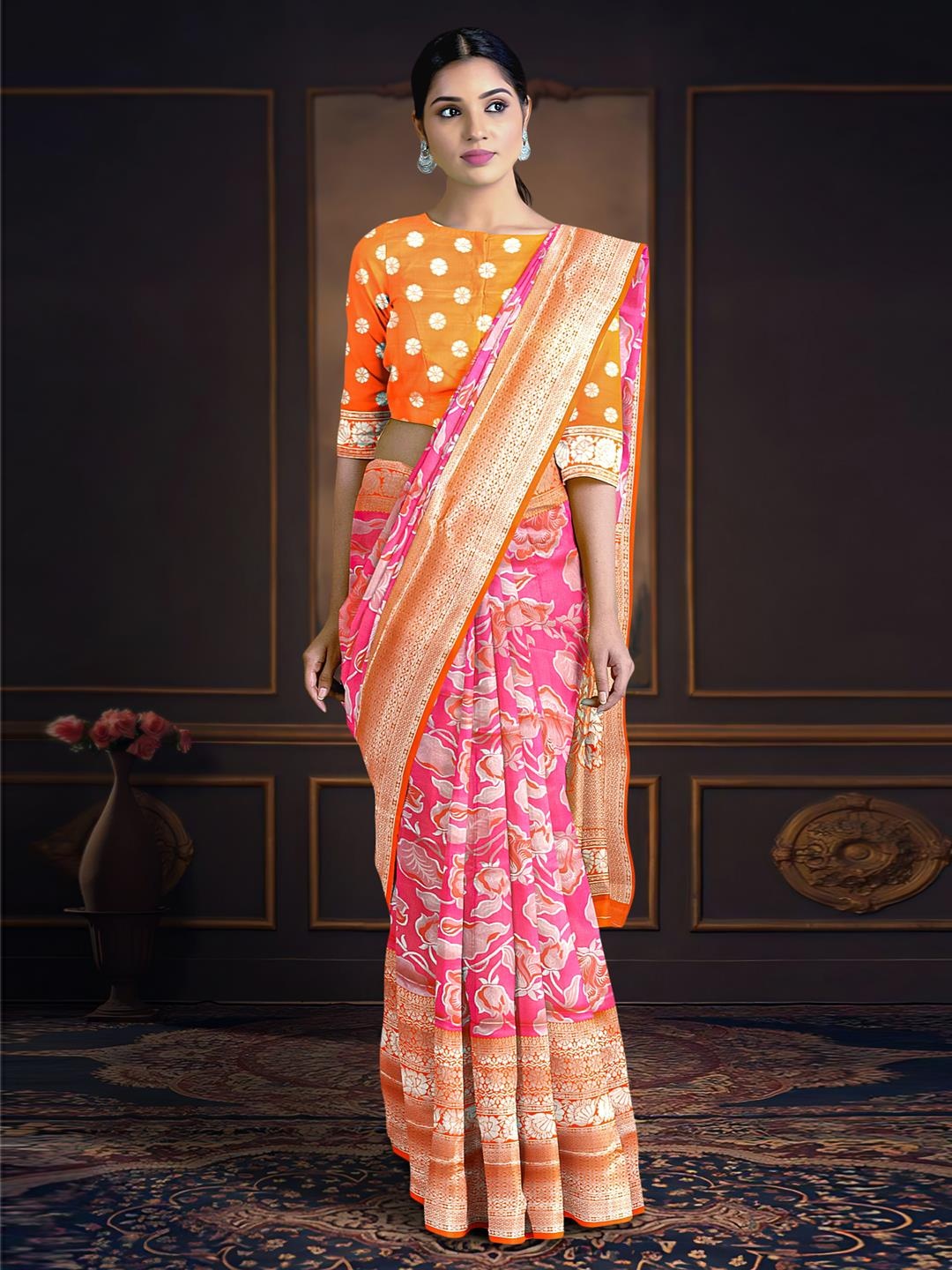 

Kalamandir Floral Motif Woven Design Zari Banarasi Saree, Pink