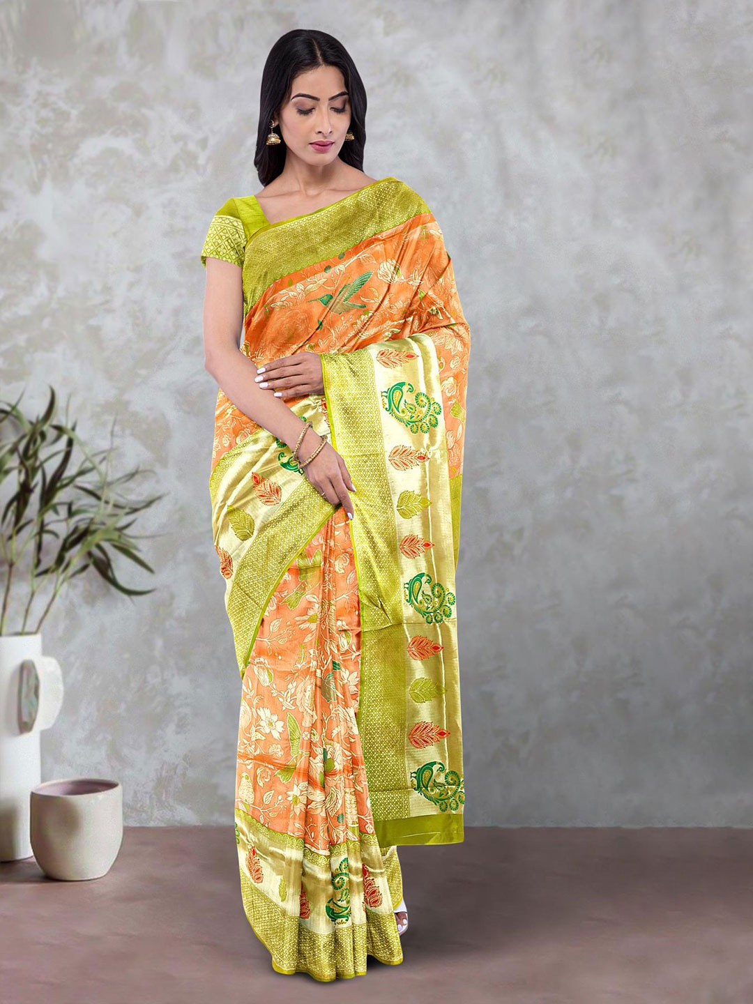 

Kalamandir Floral Motif Woven Design Zari Banarasi Saree, Orange