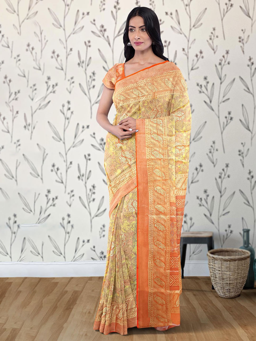 

Kalamandir Floral Motif Woven Design Zari Banarasi Saree, Orange