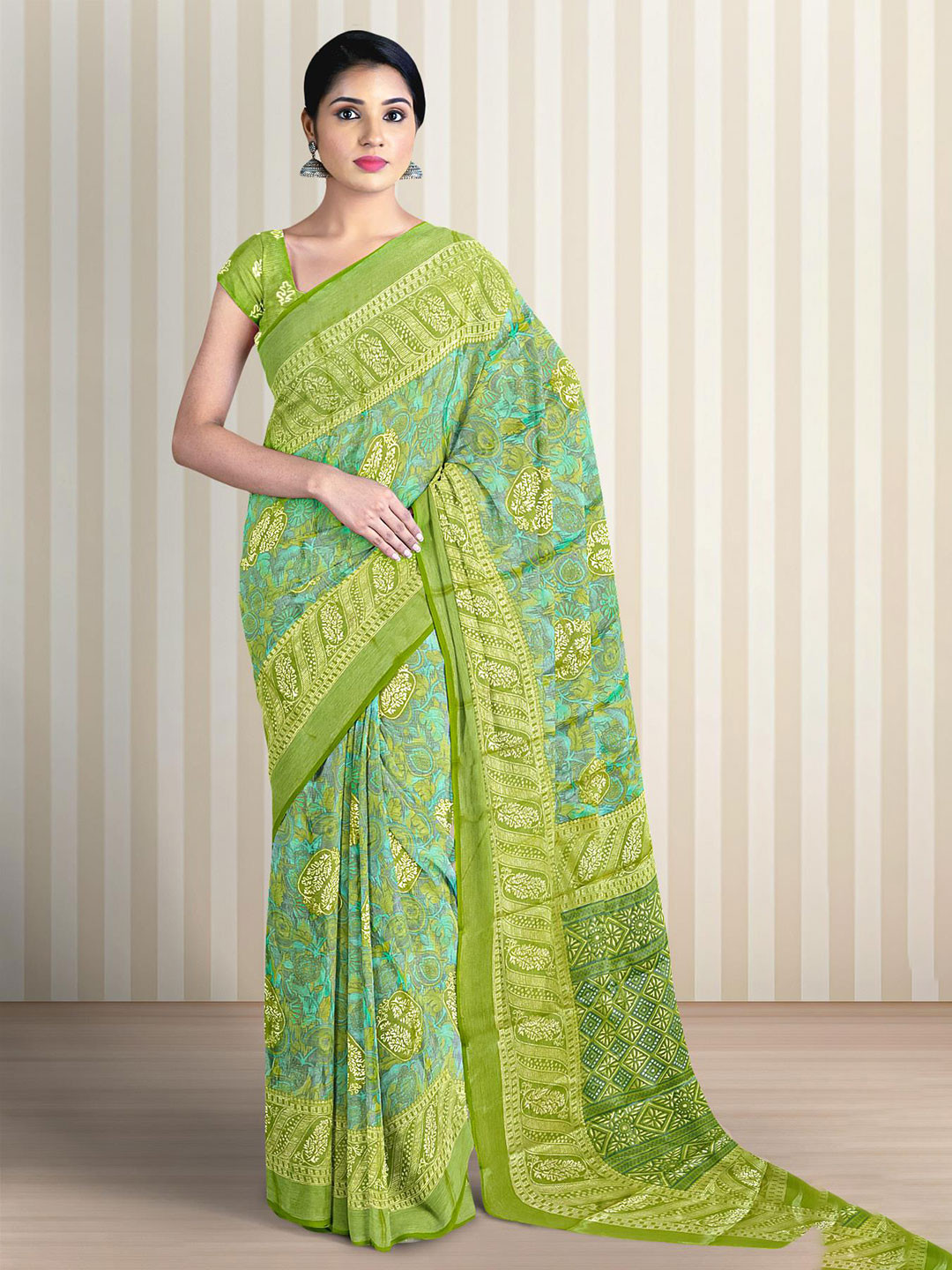 

Kalamandir Floral Printed Zari Saree, Green