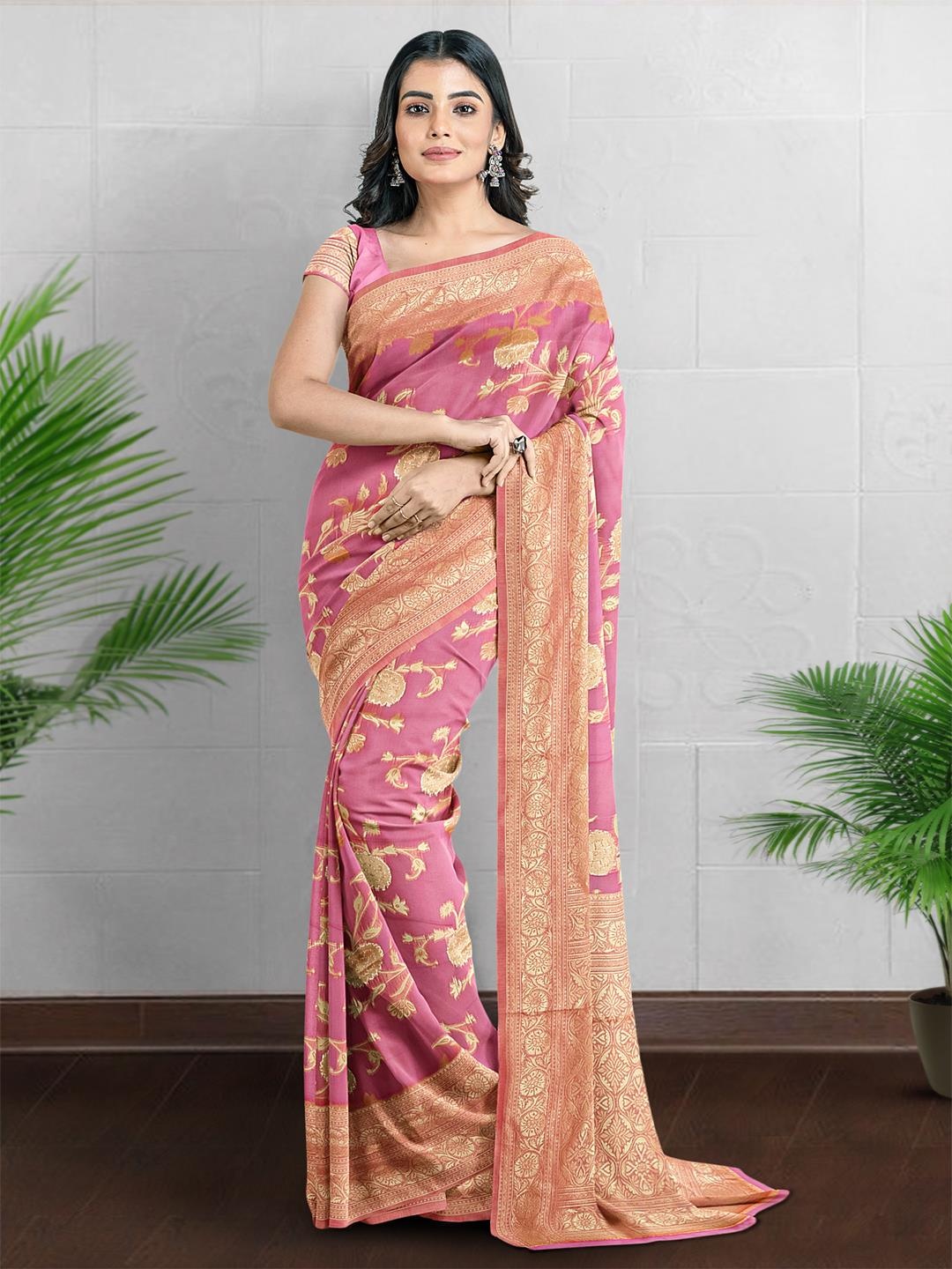

Kalamandir Floral Motif Woven Design Zari Saree, Pink