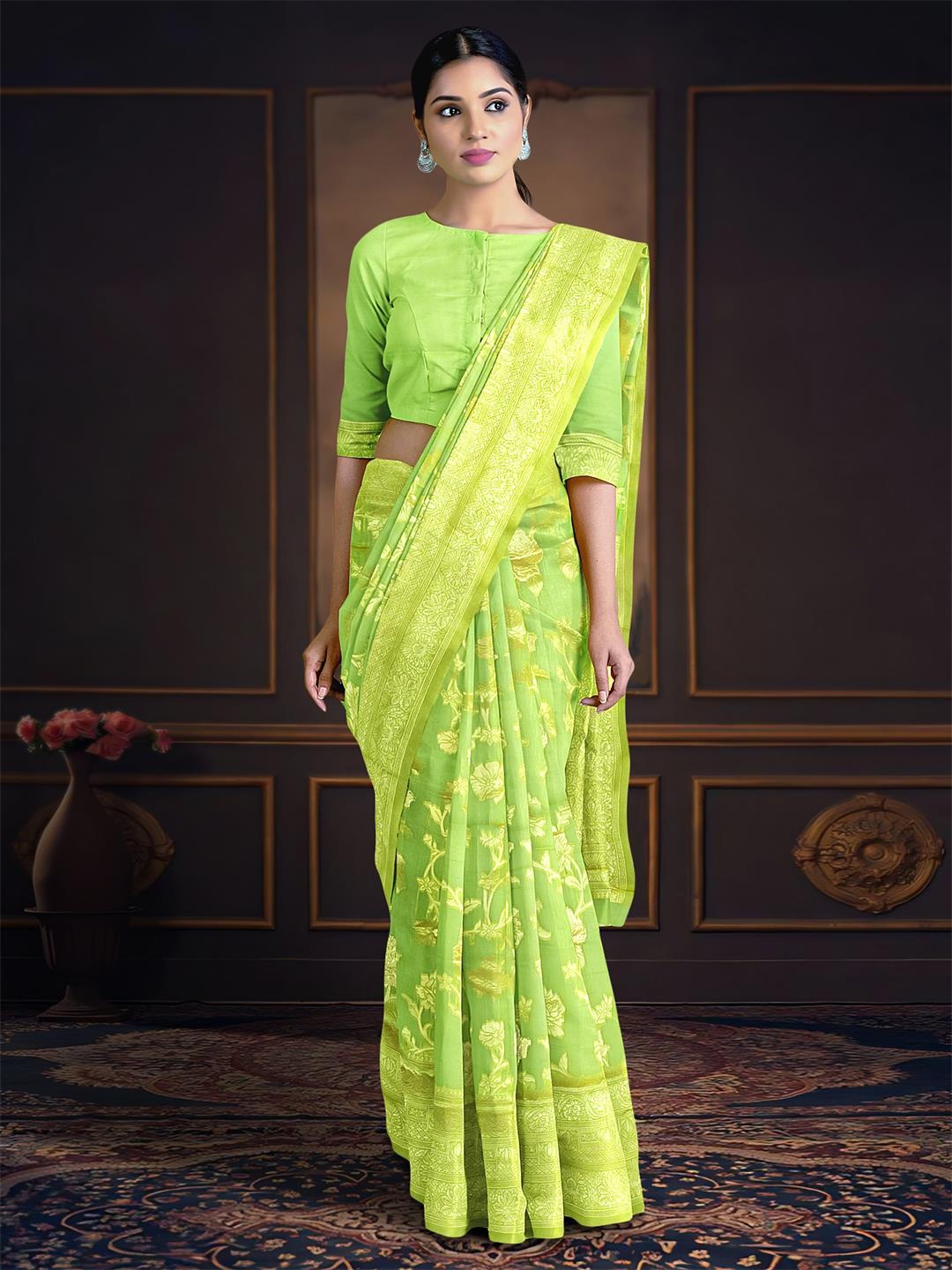 

Kalamandir Floral Motif Woven Design Zari Saree, Green