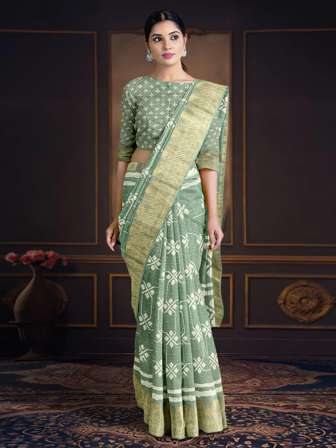 

Kalamandir Geometric Motif Printed Zari Saree, Sea green