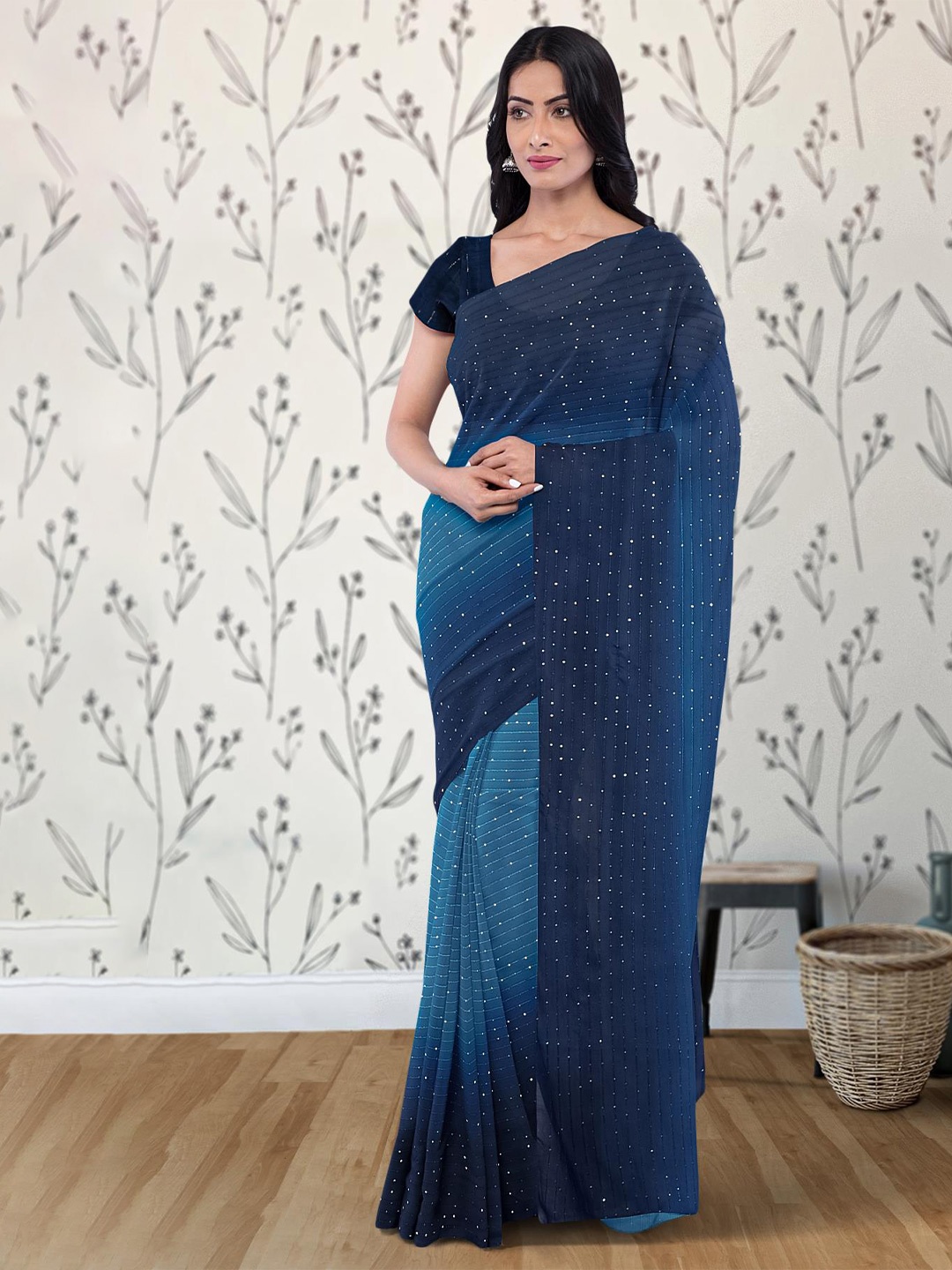 

Kalamandir Striped Sequinned Embellished Saree, Blue