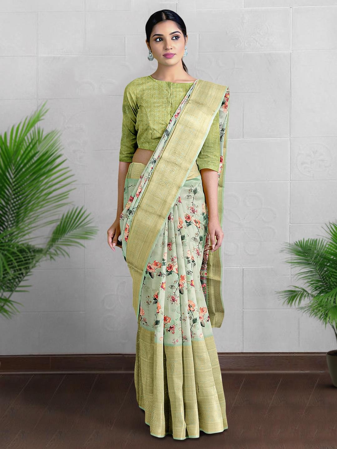 

Kalamandir Floral Printed Zari Saree, Sea green