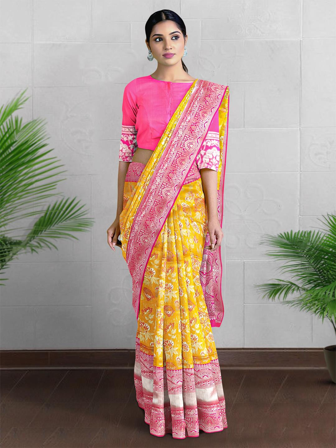 

Kalamandir Floral Printed Zari Banarasi Saree, Yellow